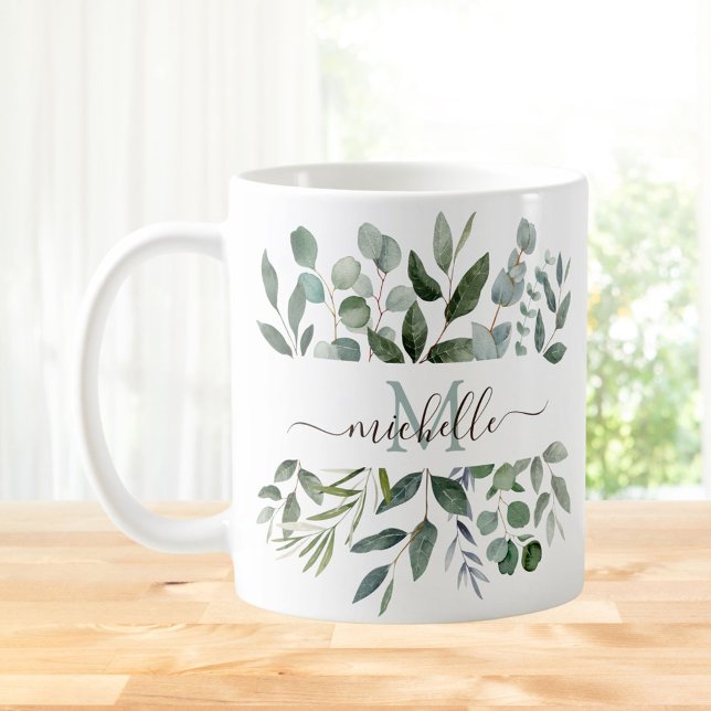 Monogram Sage Grönt Eucalyptus Grey Lövs Kaffemugg (In situ)