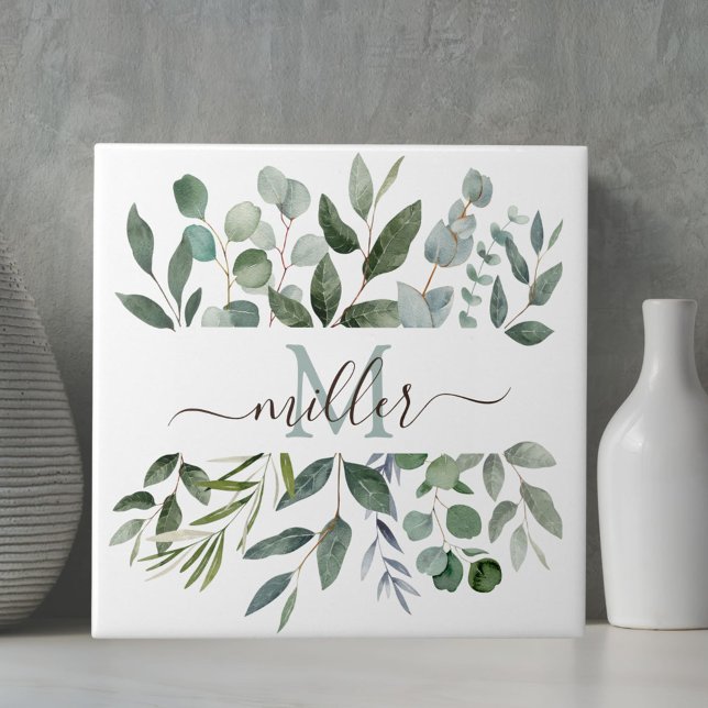 Monogram Sage Grönt Eucalyptus Grey Lövs Kakelplatta (In situ)