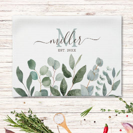 Monogram Sage Grönt Eucalyptus Grey Lövs Kökshandduk