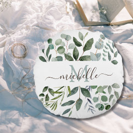 Monogram Sage Grönt Eucalyptus Grey Lövs Rund Kudde