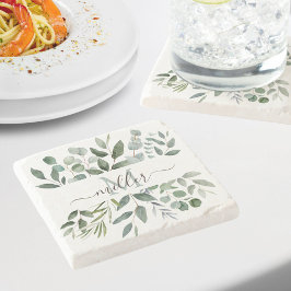 Monogram Sage Grönt Eucalyptus Grey Lövs Stenunderlägg
