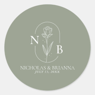 Monogram Sage Grönt Minimalist Boho Bröllop Runt Klistermärke