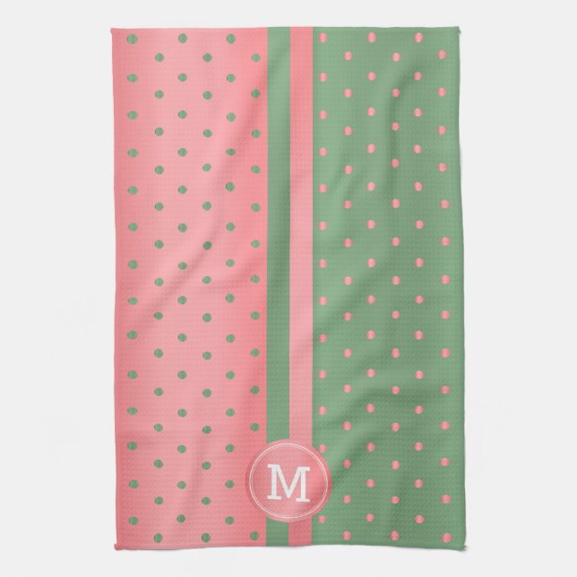 Monogram Sage Grönt och Coral Polka Dot Kökshandduk (Vertikal)