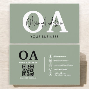 Monogram Sage Grönt QR-kod Modern Minimalist Visitkort