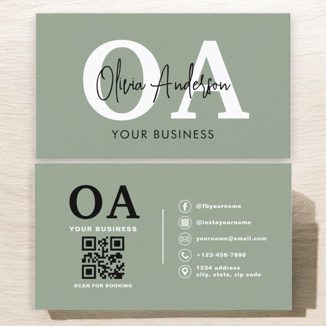 Monogram Sage Grönt QR-kod Modern Minimalist Visitkort (Skapare uppladdad)