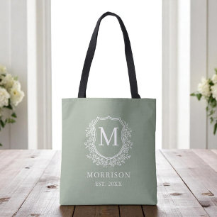 Monogram Sage Grönt Vapensköld Botanical Bröllop Tygkasse