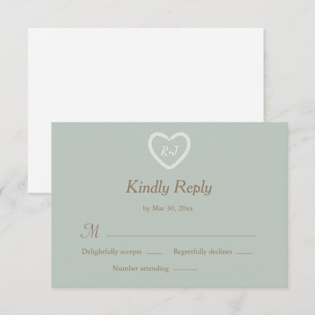 Monogram Sage Vitguld Hjärtformat Bröllops RSVP Inbjudningar (Fram/baksida)