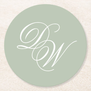 Monogram Sagegrön Bröllop Enkel Elegant Skrift Underlägg Papper Rund