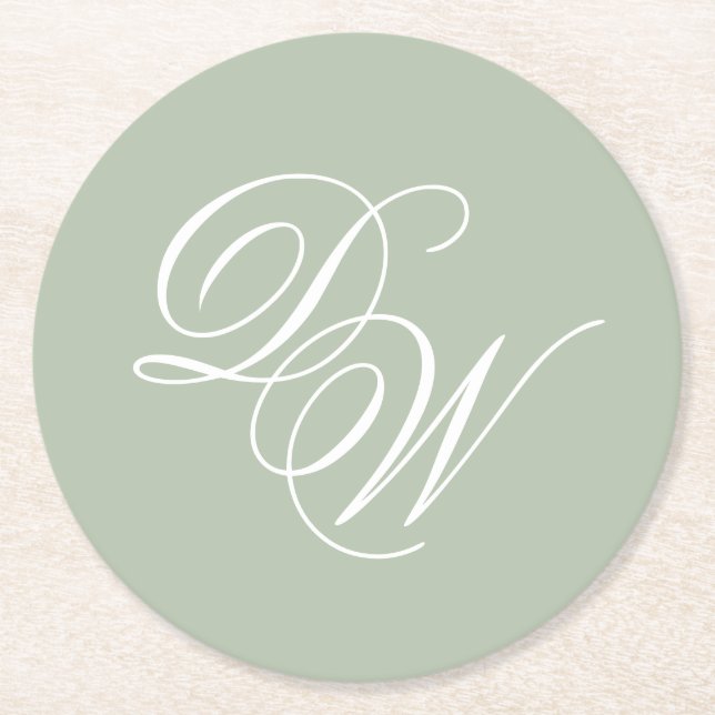 Monogram Sagegrön Bröllop Enkel Elegant Skrift  Underlägg Papper Rund (Framsidan)