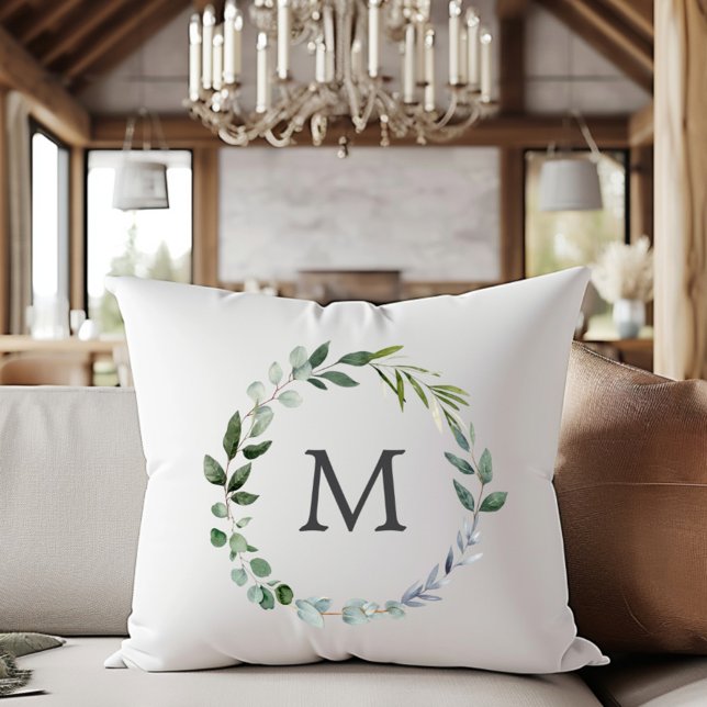 Monogram Sagegröna blad Grönska Krans  Kudde (In situ)
