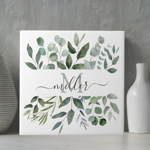 Monogram Salvia Grön Eukalyptus Grönska Blad Kakelplatta
