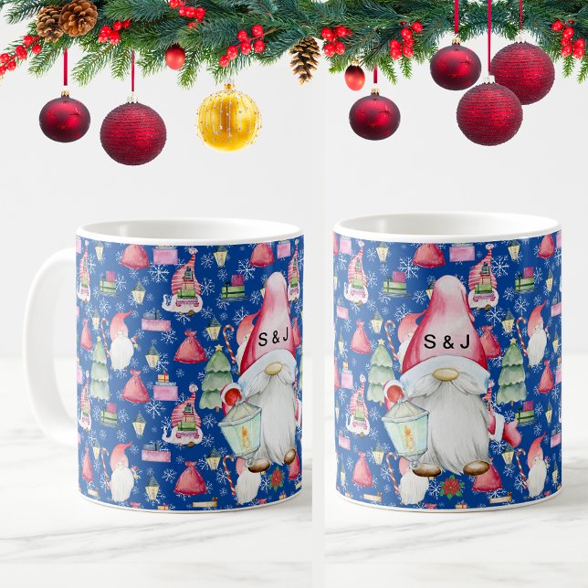 Monogram Santa Gnome för jul Mönster Blue Kaffemugg (Monogram Santa Gnome for Christmas Pattern Blue Coffee Mug 2 sides)