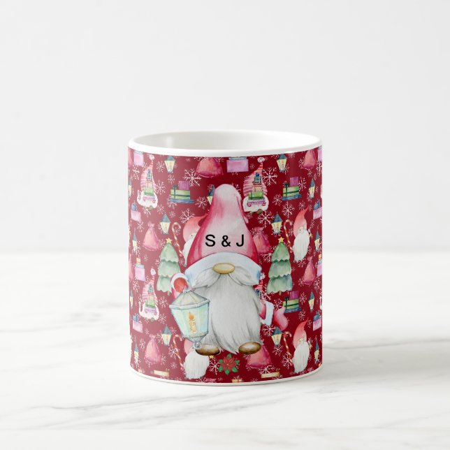 Monogram Santa Gnome för jul Mönster Red Kaffemugg (Center)