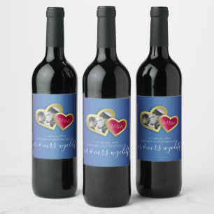 Monogram Sapphire Blue Ruby Red Valentine Photo Vinflaska Etikett