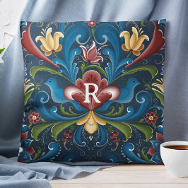 Monogram Scandinavian Folk Art Rosemaling Blommigt Kudde