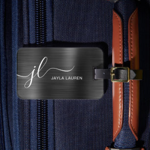 Monogram Script Black Grått Faux Metall Steel Bagagebricka