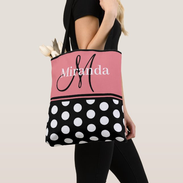 Monogram Script Black Rosa White Polka dots Tygkasse (Närbild)