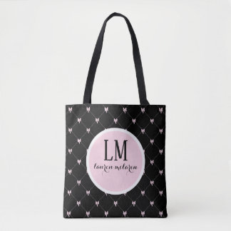 Monogram Script Bow Tote Bag – Black & Pink Tygkasse
