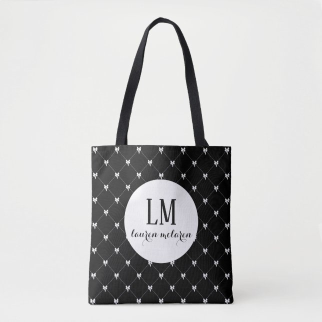 Monogram Script Bow Tote Bag – Black & White Tygkasse (Framsida)