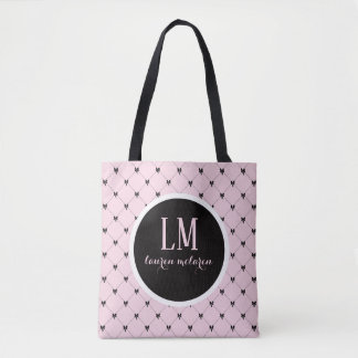 Monogram Script Bow Tote Bag – Pink & Black Tygkasse