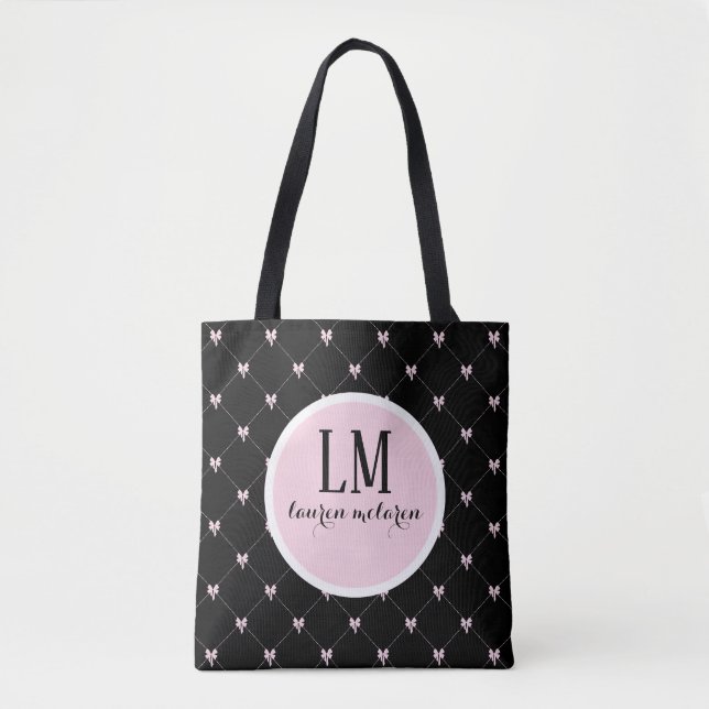 Monogram Script Bow Tote Bag – Svart & Rosa Tygkasse (Framsida)