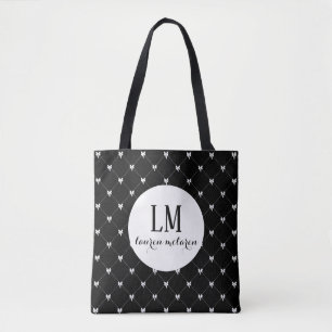 Monogram Script Bow Tote Bag – Svart & Vit Tygkasse