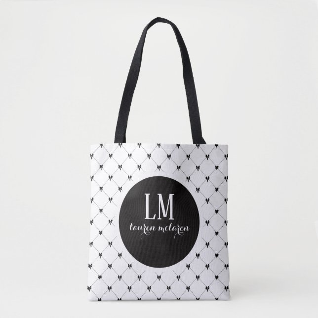 Monogram Script Bow Tote Bag – Vit & Svart Tygkasse (Framsida)