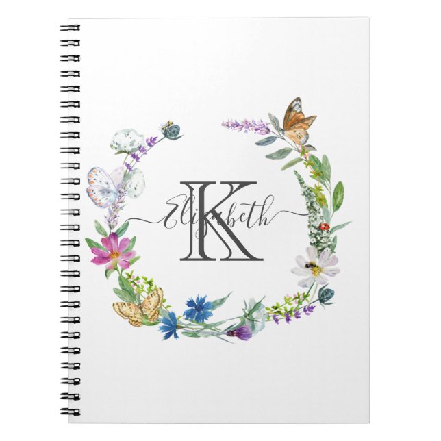 Monogram Script Calligraphy Butterflies Flowers Anteckningsbok (Framsidan)