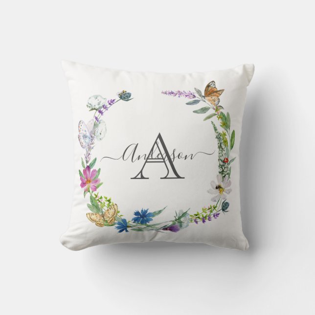 Monogram Script Calligraphy Butterflies Flowers Kudde (Framsida)