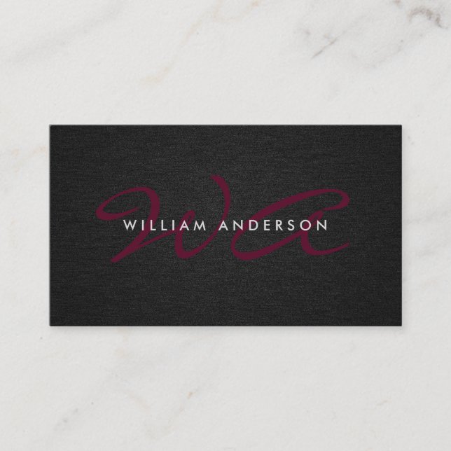 Monogram Script Corporate Minimal Black Linen Visitkort (Framsida)