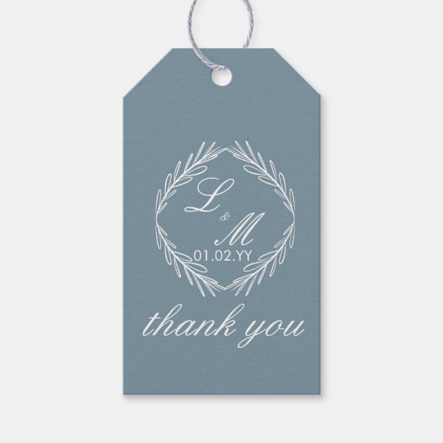 Monogram Script Gren Dusty Blue Bröllop Presentetikett (Framsidan)
