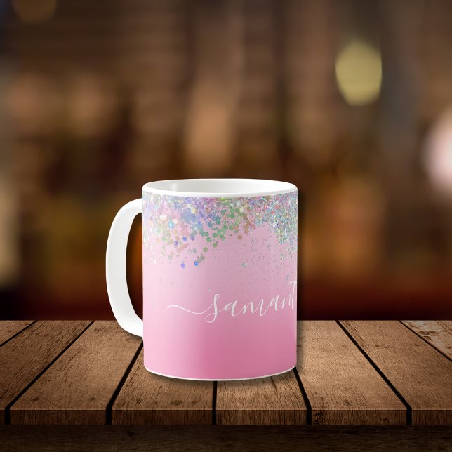 Monogram Script Namn Rosa Glitter Girly Glam Bling Kaffemugg (Monogrammed Script Font Pink White Glitter Girly Glam Bling Coffee Mug)