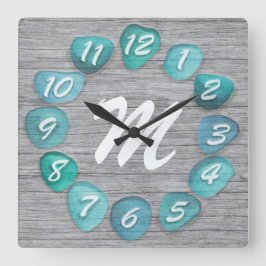 Monogram Sea Glass Beach Driftwood Fyrkantig Klocka