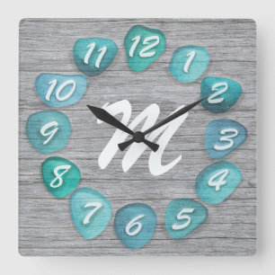 Monogram Sea Glass Beach Driftwood Fyrkantig Klocka