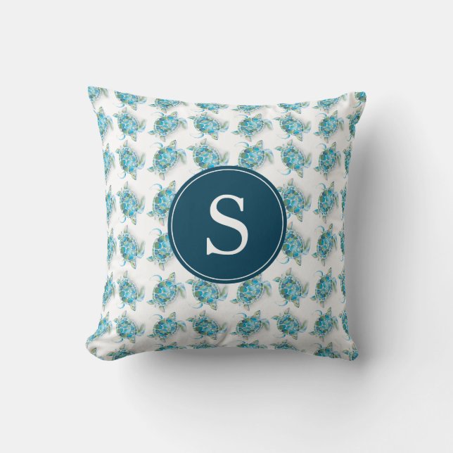 Monogram Sea Turtle Mönster Blue Kudde (Framsida)