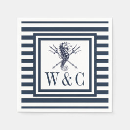 Monogram Seahorse Nautical Navy Blue Rand Pappersservett