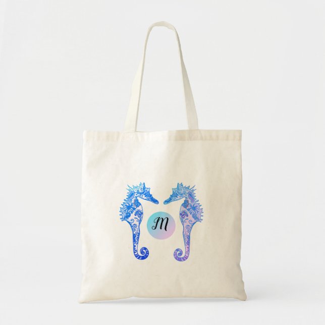 Monogram Seahorse Whimsical Personlig Tote Tygkasse (Framsidan)