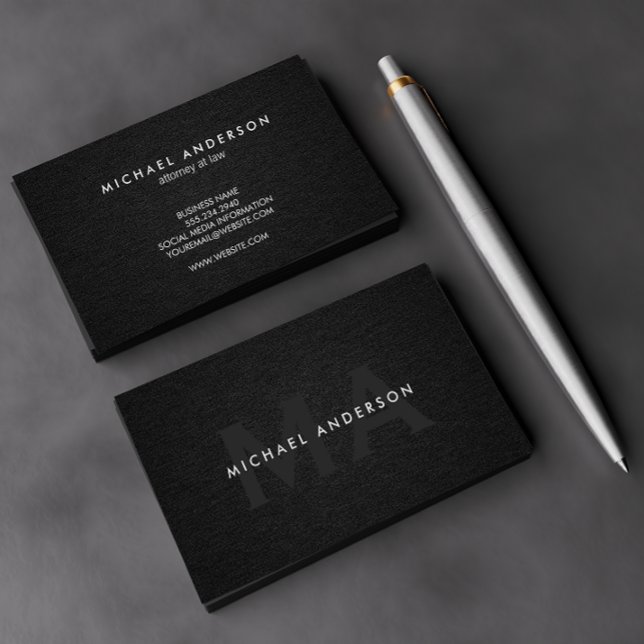 Monogram Serif Corporate Minimal Black Linen Visitkort (Skapare uppladdad)