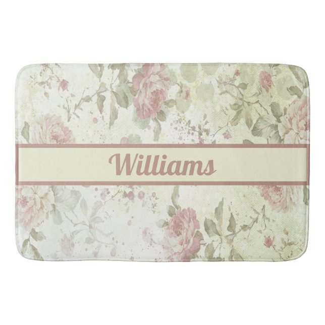 Monogram Shabby Chic Rosa Grön Ros Blommig  Badrumsmatta (Framsidan)