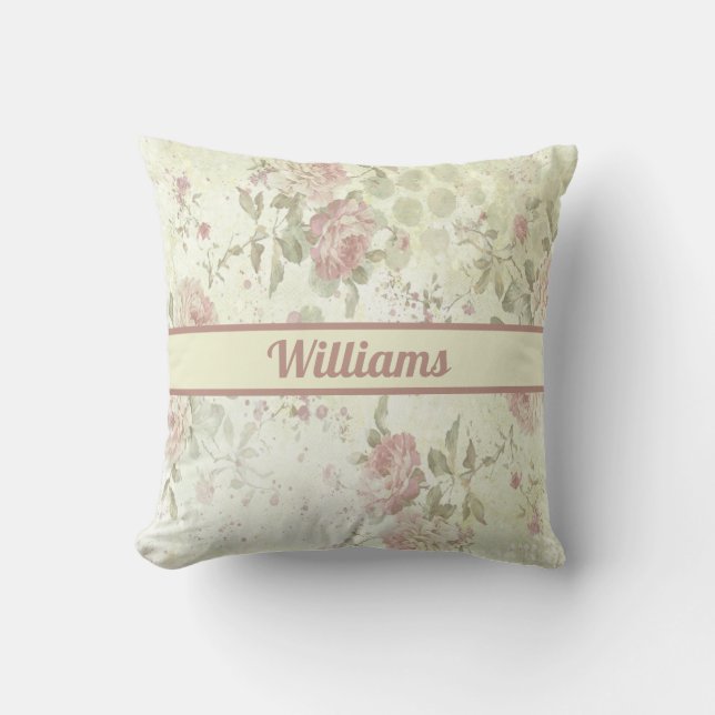 Monogram Shabby Chic Rosa Grön Ros Blommig Kudde (Framsida)
