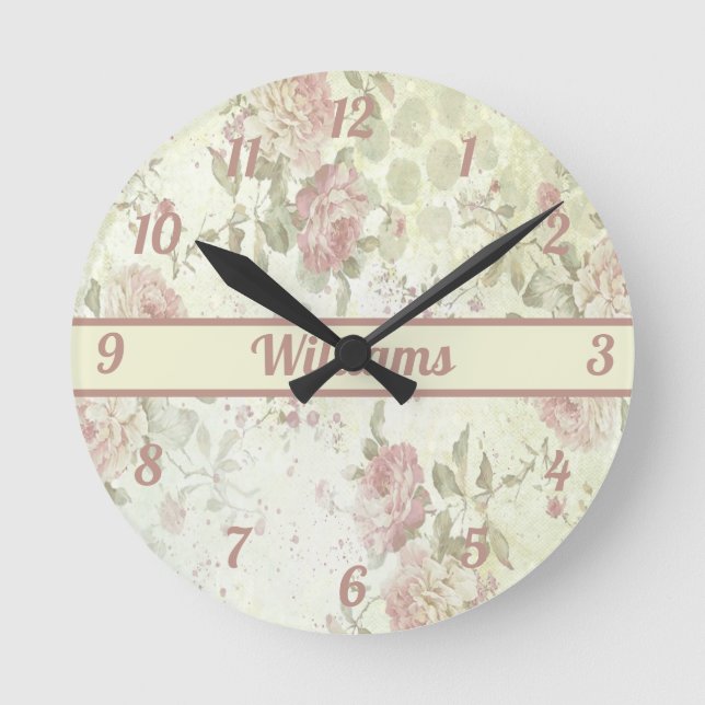 Monogram Shabby chic Rosa Grönt Ro Blommigt  Rund Klocka (Framsida)