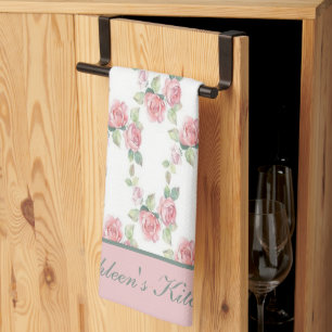 Monogram Shabby Chic Rosa Ros Blommig  Kökshandduk