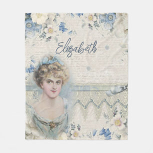 Monogram Shabby Chic Vintage Dam Blå Blommig Fleecefilt