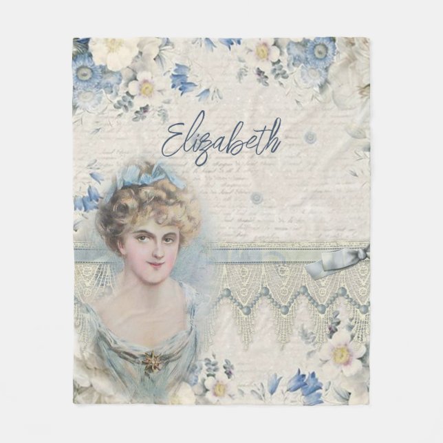 Monogram Shabby Chic Vintage Dam Blå Blommig Fleecefilt (Framsidan)