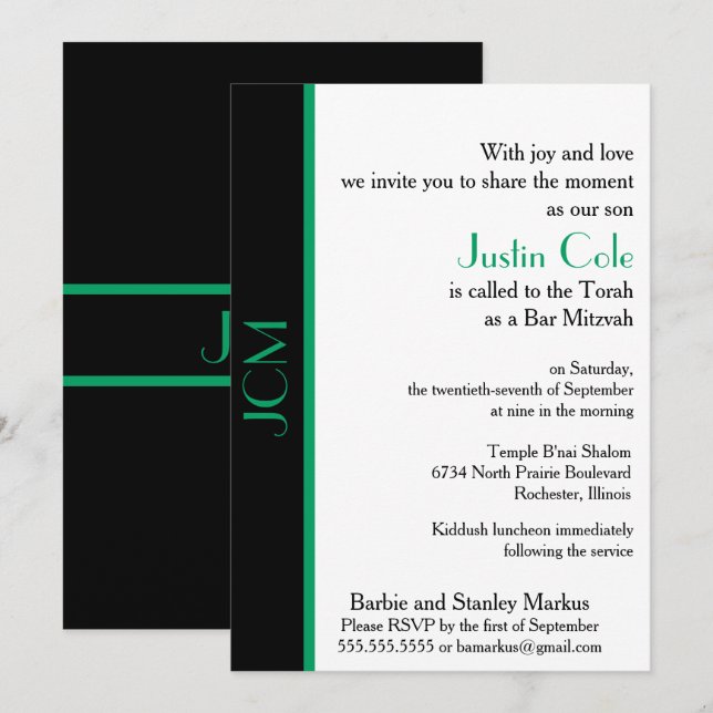 Monogram Shamrock Grön Svart Bar Mitzvah Inbjudningar (Fram/baksida)
