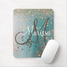Monogram Shimmery Guld stars på Teal Musmatta