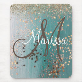 Monogram Shimmery Guld stars på Teal Musmatta