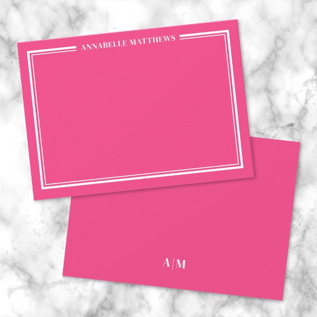 Monogram shock rosa 2 Gräns minimalistiskt Namn Anteckningskort (Hot Pink Two Border Minimalist Name Monogram Note Card)