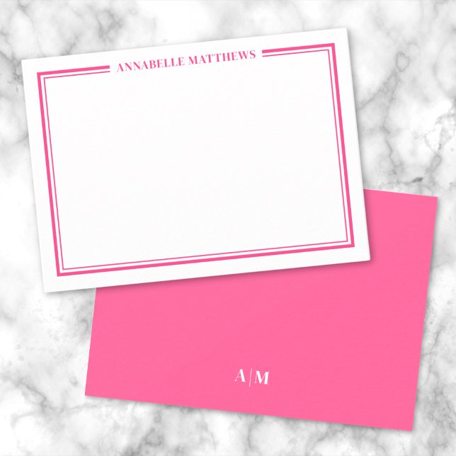 Monogram shock rosa 2 Gräns minimalistiskt Namn Anteckningskort (Hot Pink Two Border Minimalist Name Monogram Note Card)