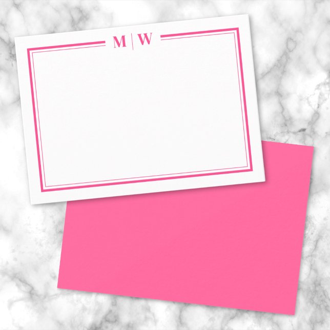 Monogram shock rosa 2 Gräns Namn Anteckningskort (Hot Pink Two Border Name Monogram Note Card)